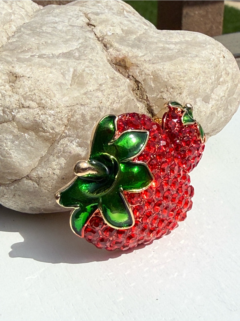 NWT Red Crystal Strawberry Brooch with Green Enamel Leaves and Baby Strawberry - Picture 5 of 7
